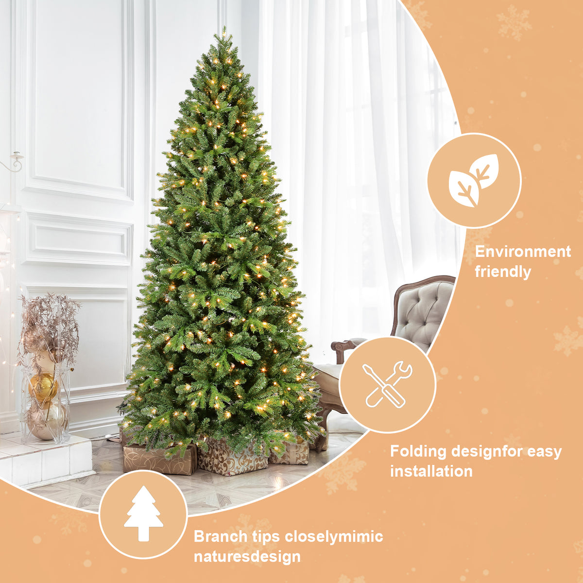 9Ft Pre-Lit Slim Christmas Tree, Green, Fir Xmas 'Feel Real' Artificial Tree, White Lights, Metal Hinged, Foldable Base