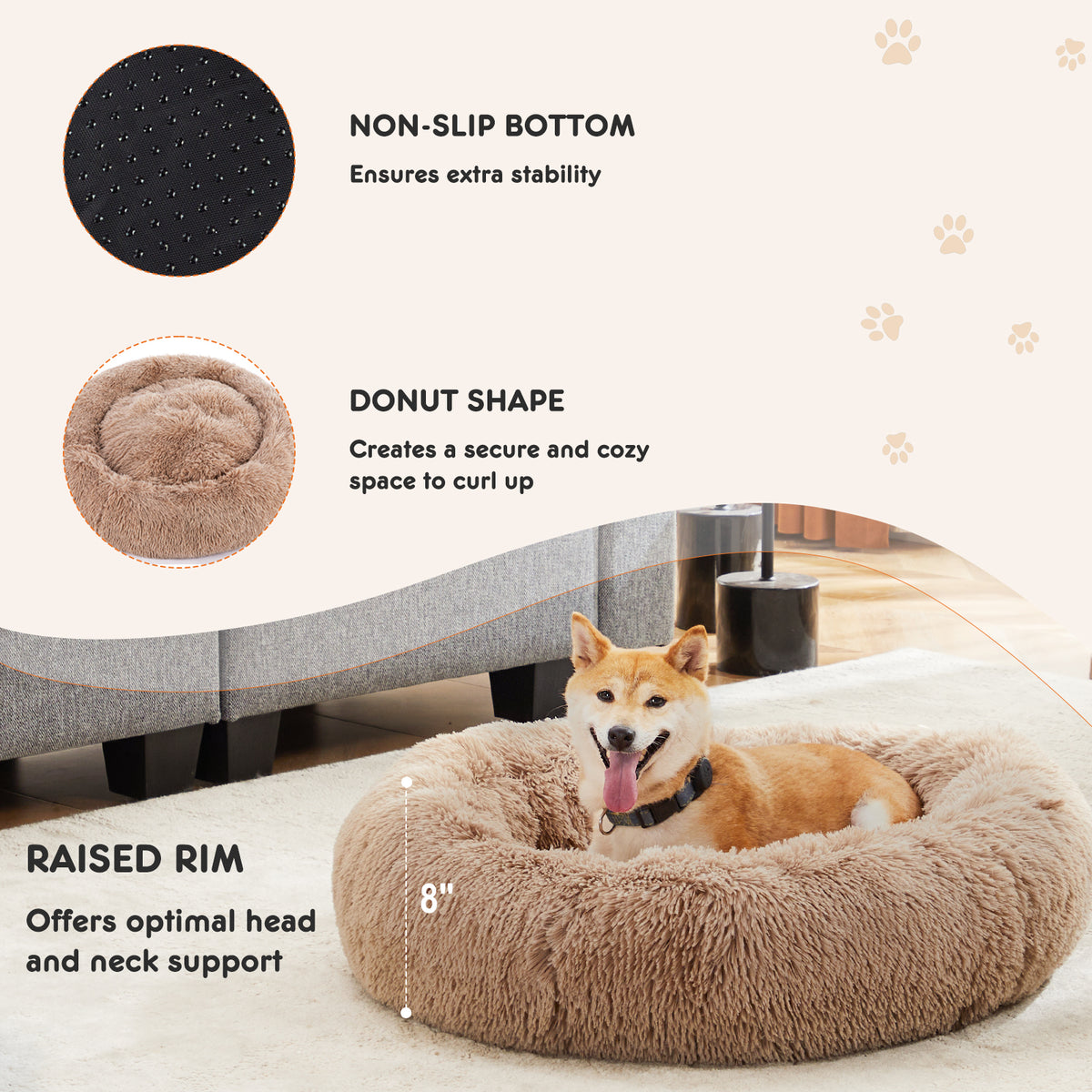 Anti-Slip Round Fluffy Plush Faux Fur Cat Bed, extra large  Brown