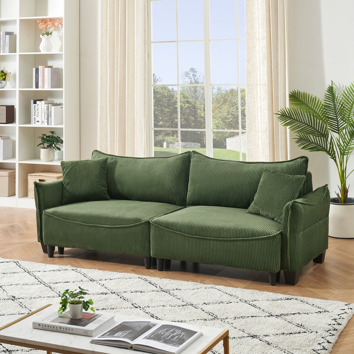 [SantaChoice] Sofa Showcasing Green Corduroy Fabric, Transformable into Sofa Bed with Two Throw Pillows: Ideal for Living Rooms & Diverse Scenes