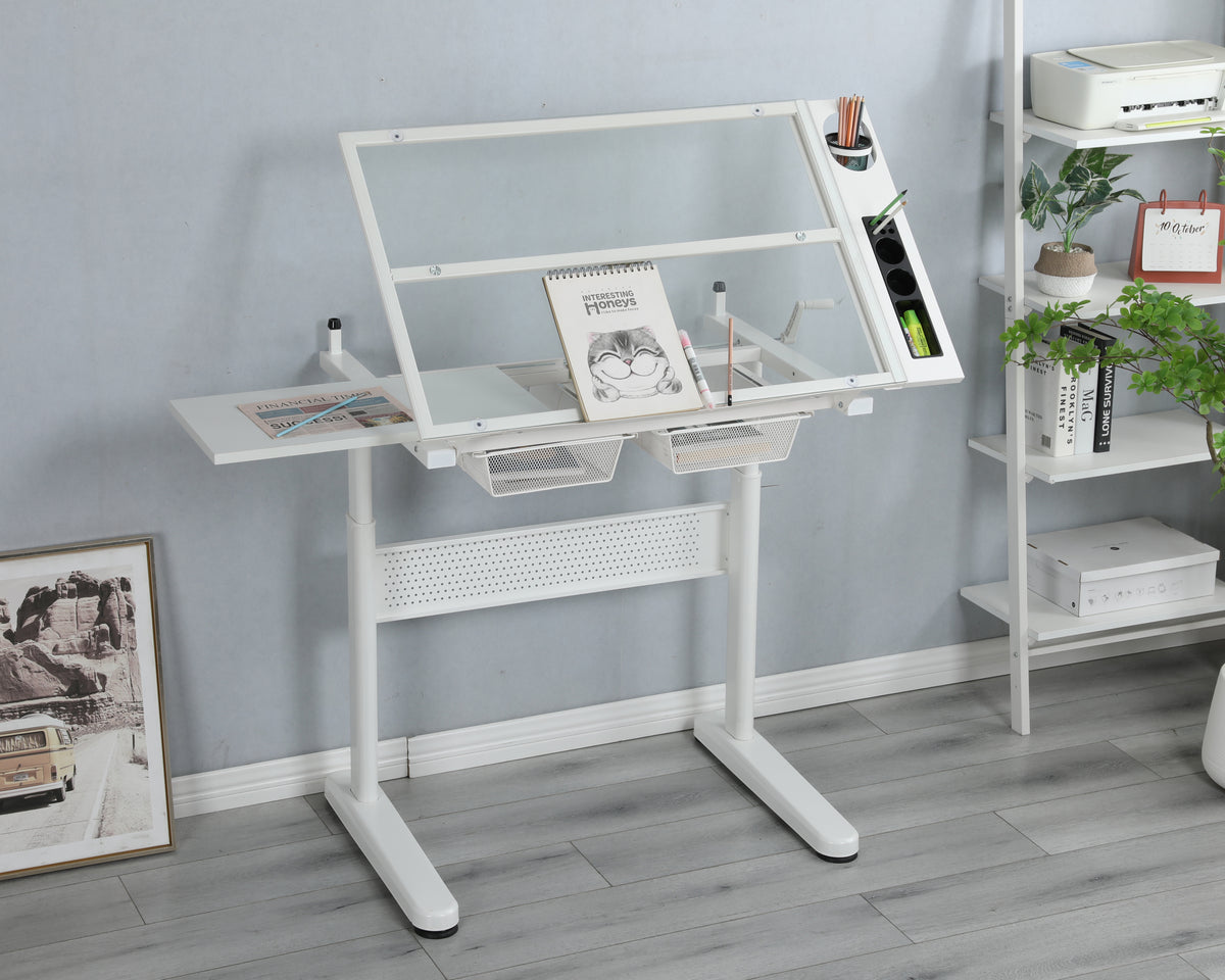[SantaChoice] hand crank adjustable drafting table drawing desk with 2 metal drawers (white)WITH STOOL