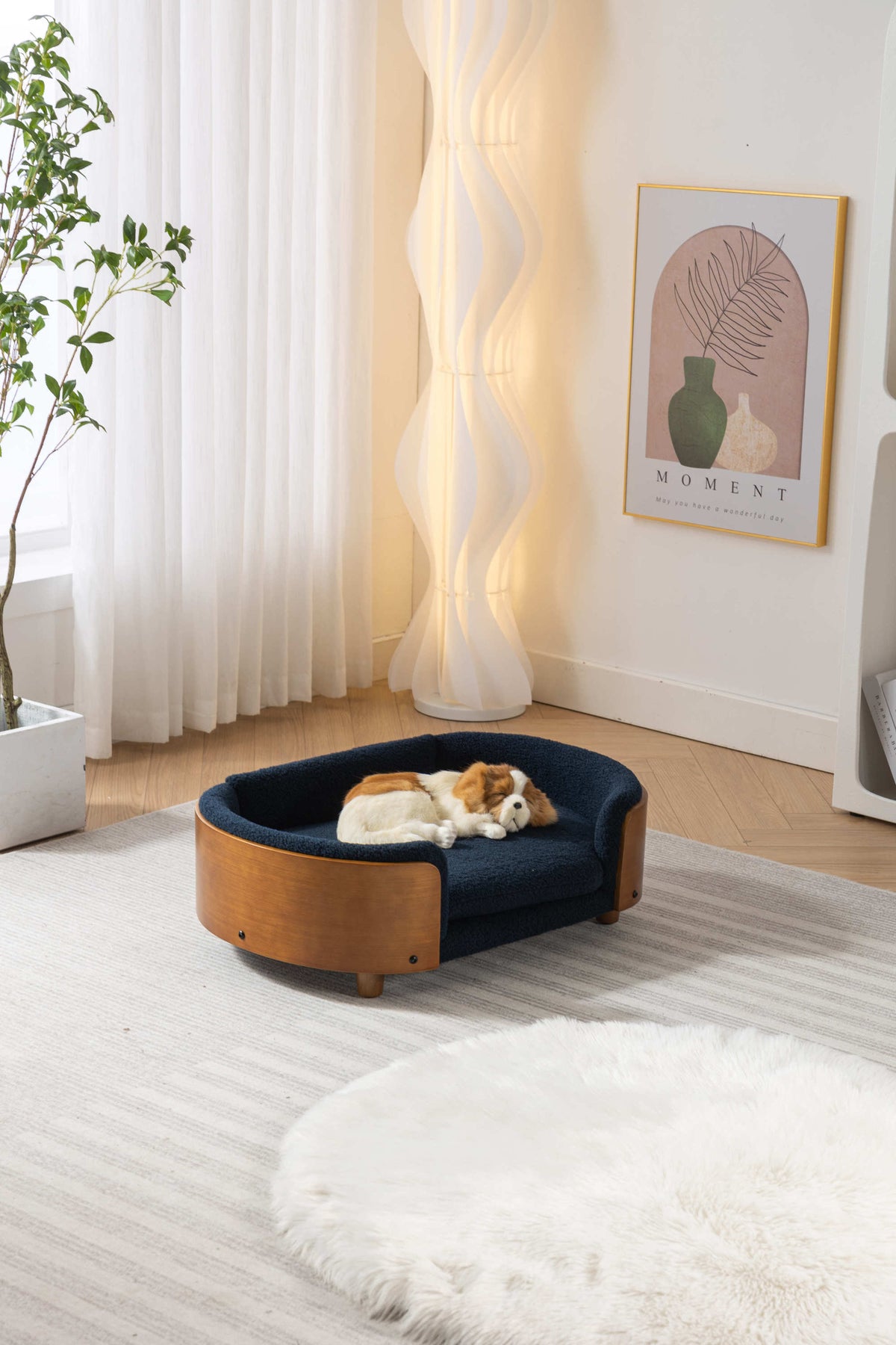 Scandinavian style Elevated Dog Bed Pet Sofa With Solid Wood legs and Walnut Bent Wood Back, Cashmere Cushion,Mid Size