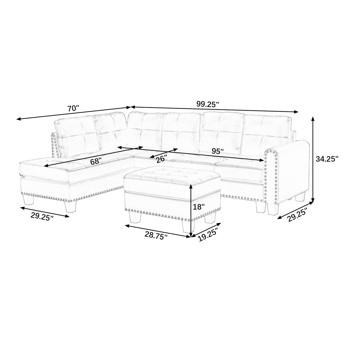 [SantaChoice] Sectional 3-Seaters Sofa , reversible recliner, Storage pad and wood grain cup holder, Non-slip leg, pu, grey