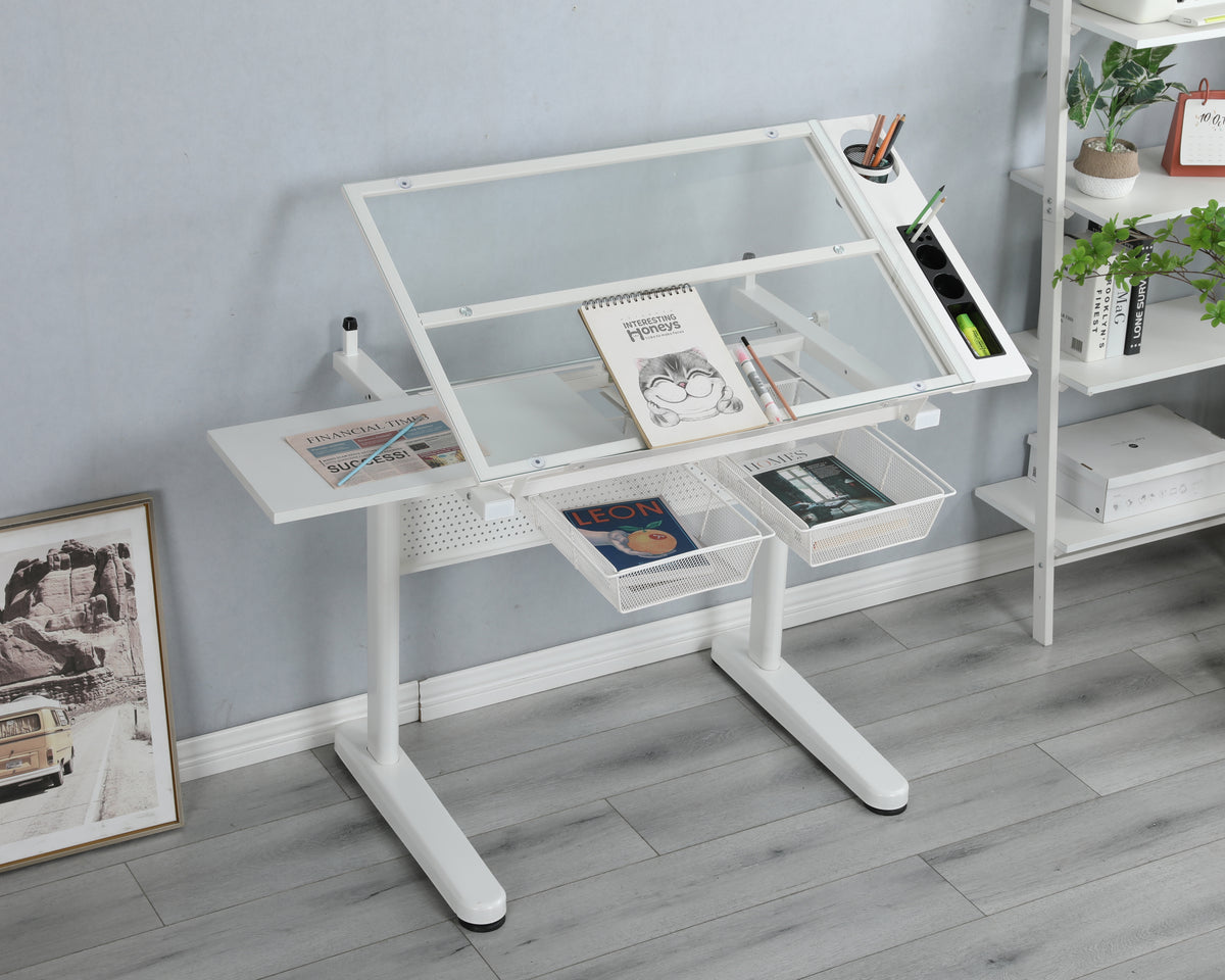 [SantaChoice] hand crank adjustable drafting table drawing desk with 2 metal drawers (white)WITH STOOL