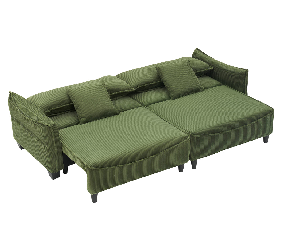 [SantaChoice] Sofa Showcasing Green Corduroy Fabric, Transformable into Sofa Bed with Two Throw Pillows: Ideal for Living Rooms & Diverse Scenes
