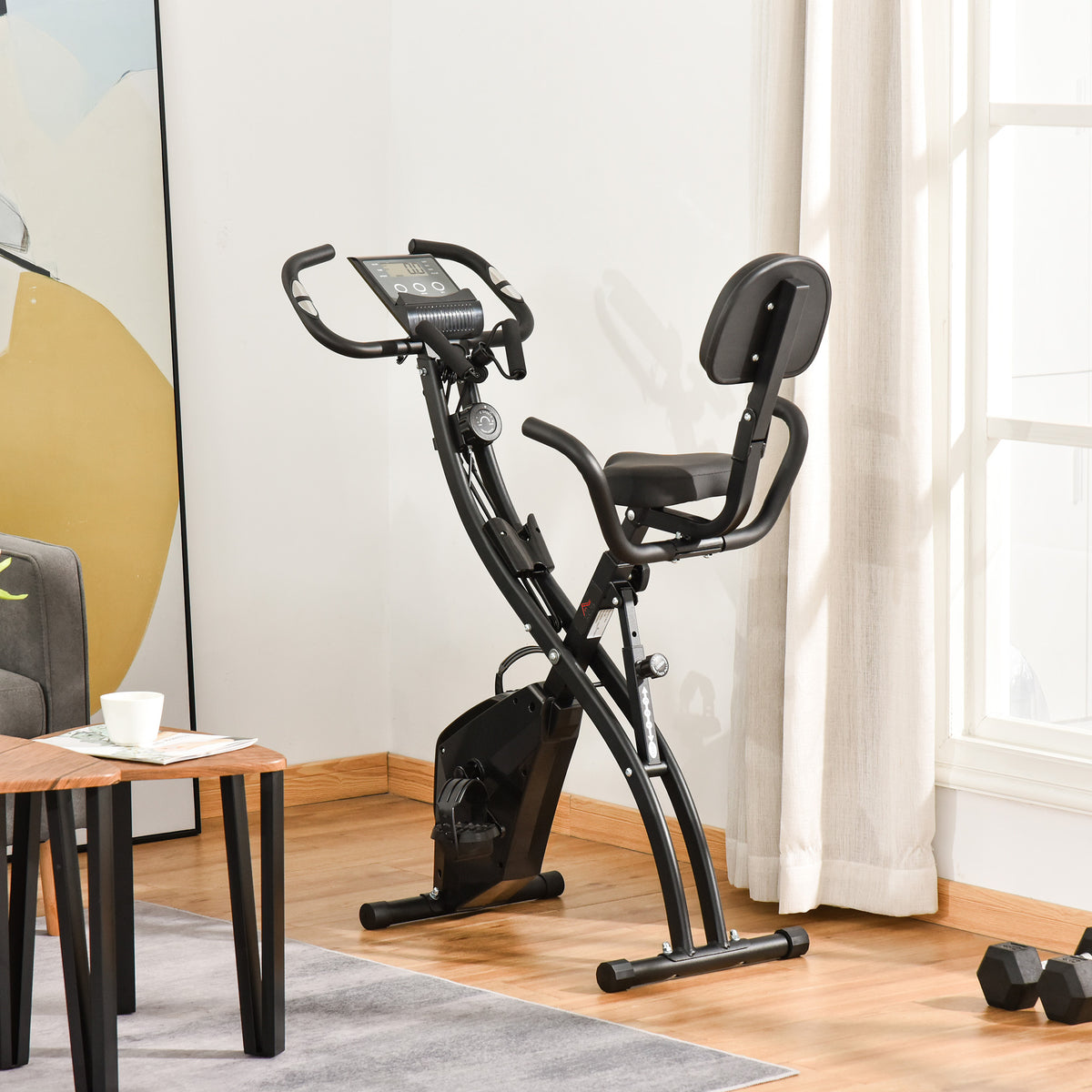Soozier Folding Exercise Bike, 3-in-1 Recumbent Exercise Bike, Upright Workout Bike & Arm Resistance Bands, Adjustable Seat, 8-Level Magnetic Resistance, Black