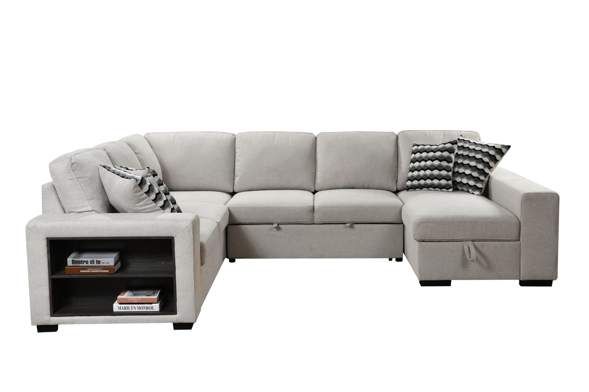 [SantaChoice] 125'' Modern U Shaped 7 Seat Sectional Sofa Couch with Cabinet,Sofa Bed with Storage Chaise-Pull Out Couch Bed for Living Room,Beige