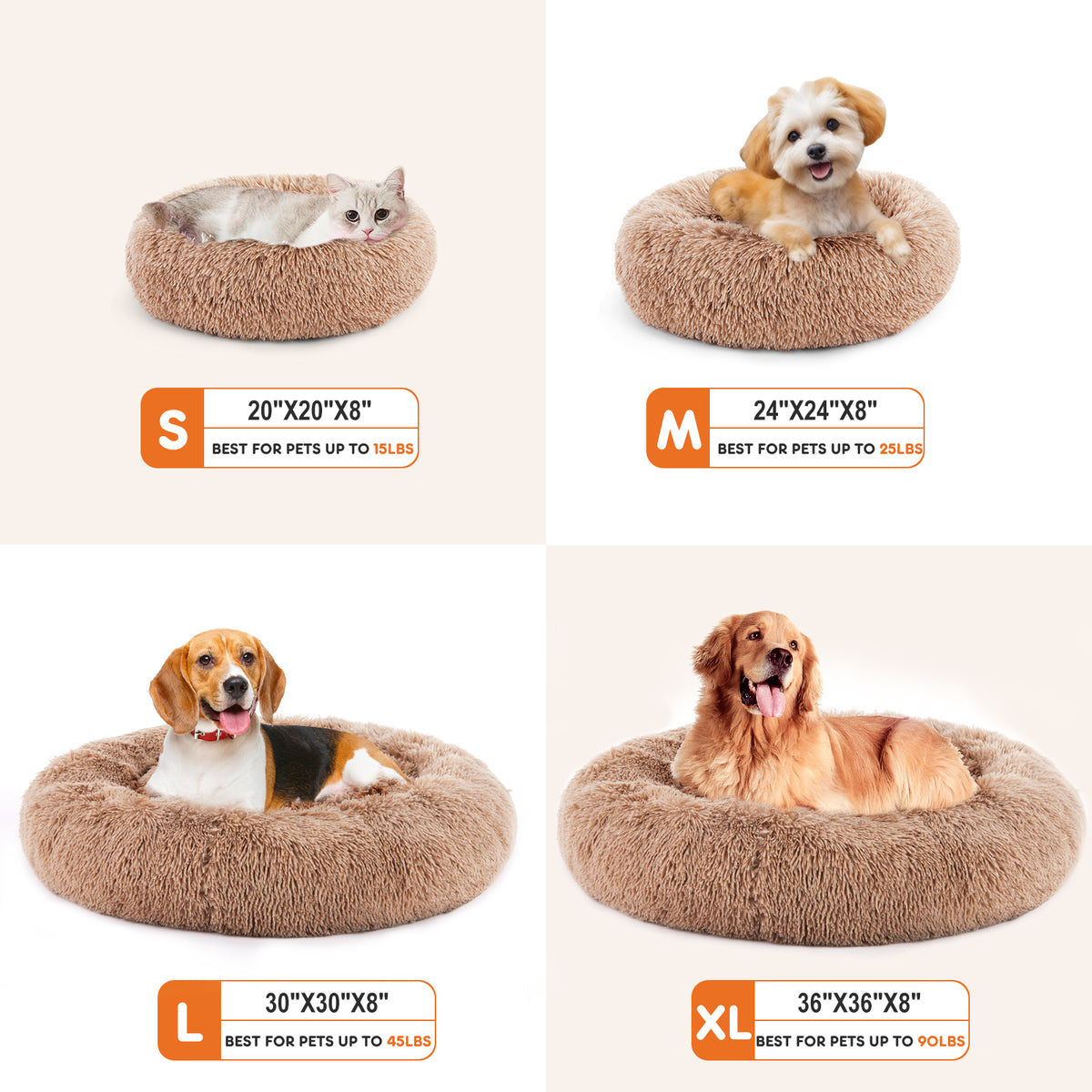 Anti-Slip Round Fluffy Plush Faux Fur Cat Bed, medium  Brown