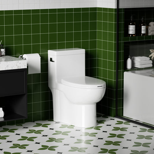 1.28 GPF Side-Single-flush One Piece Toilet, Water-Saving Elongated Comfort Height Floor Mounted, Soft Closing Seat, 1000 Gram Map Flushing Score Toilet, Gloss White GW-003S