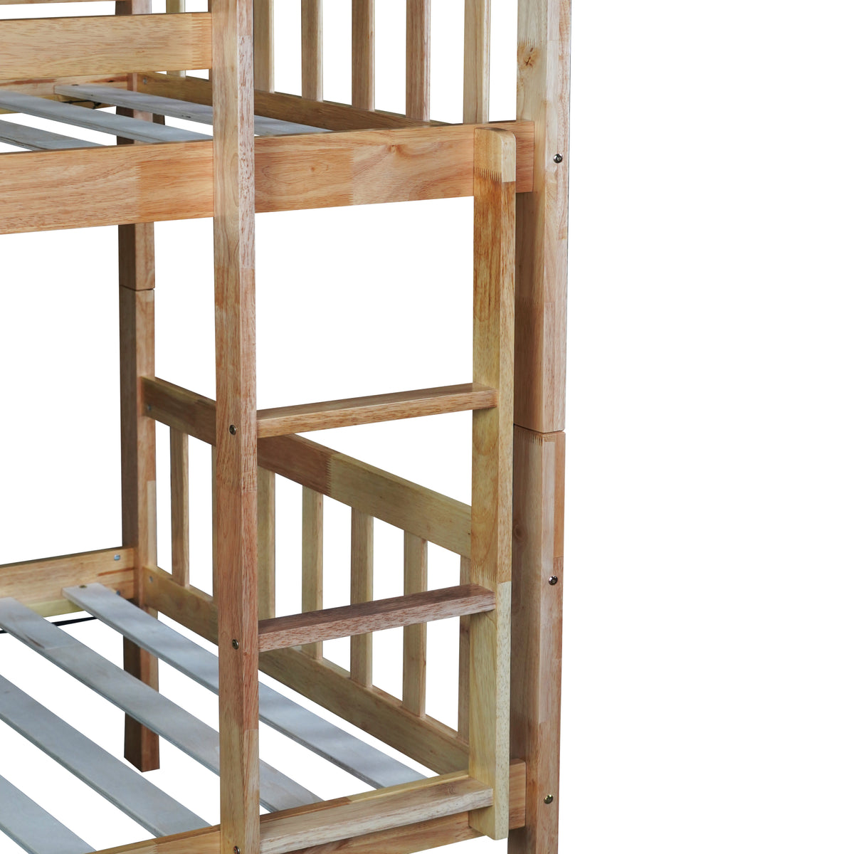 Twin Over Twin Rubber Wood Bunk Bed with Trundle, Convertible into 2 Twin Size Beds, Twin Size Bunk Bed with Ladder and Safety Guardrails,Natural