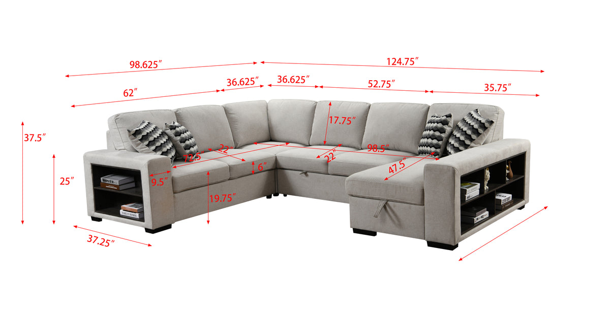 [SantaChoice] 125'' Modern U Shaped 7 Seat Sectional Sofa Couch with Cabinet,Sofa Bed with Storage Chaise-Pull Out Couch Bed for Living Room,Beige