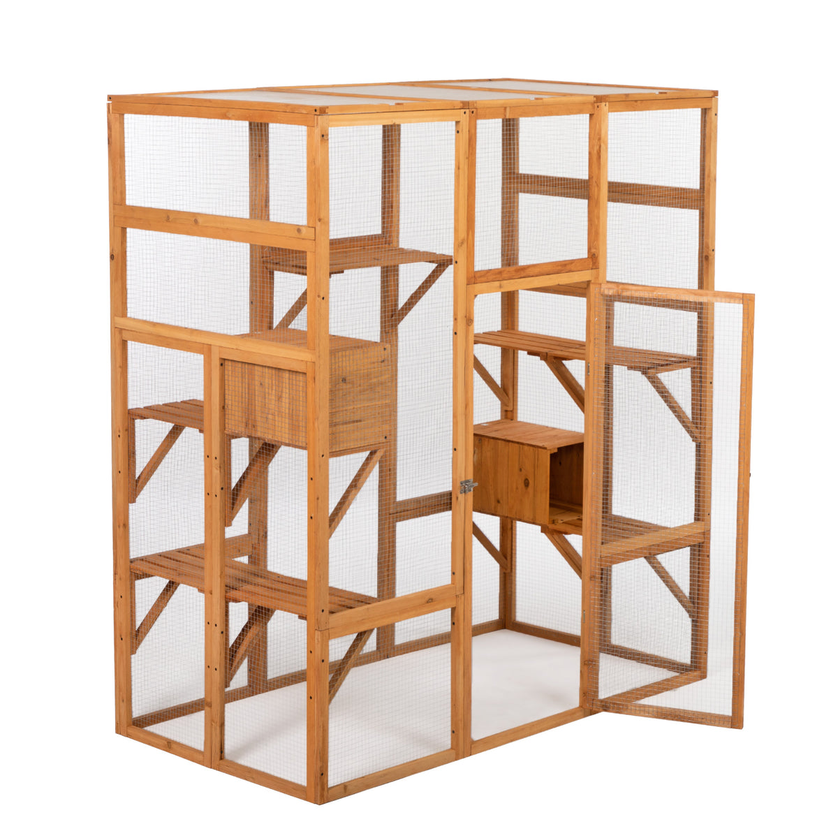 Outdoor Cat Enclosure, Large Wood Cat Cage with Sunlight Top Panel, Perches, Sleeping Boxes, Pet Playpen, Orange