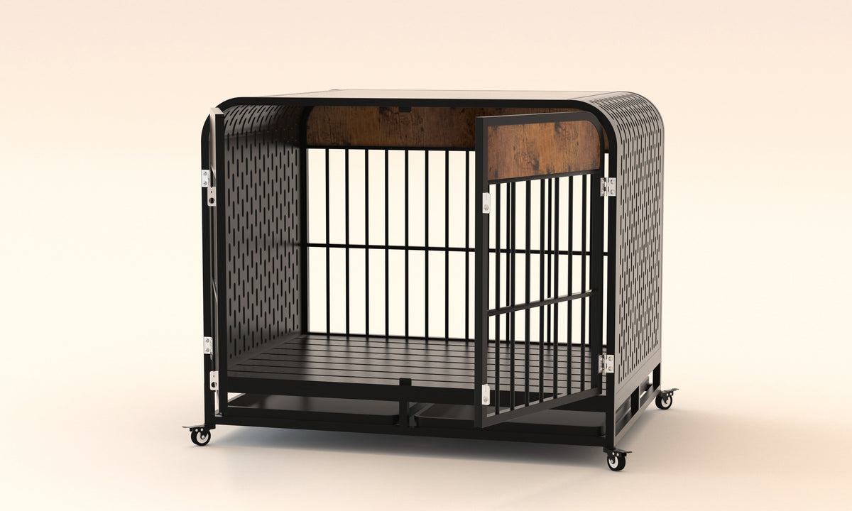 Heavy Duty Dog Crate Furniture Wooden Table Pet Dog Cage Kennel House Indoor Side End Table Decor with Removable Trays and Lockable Wheels for Medium and Large Dogs 42" Brown