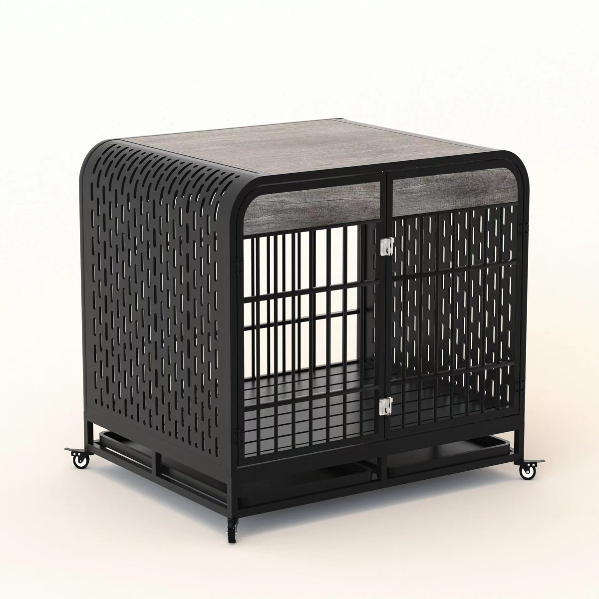 Heavy Duty Dog Crate Furniture Wooden Table Pet Dog Cage Kennel House Indoor Side End Table Decor with Removable Trays and Lockable Wheels for Medium and Large Dogs 42" Grey