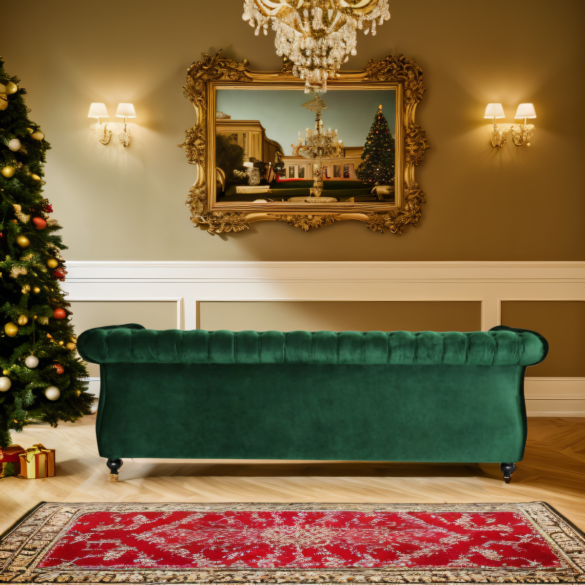 [SantaChoice] Durable 3-Seater Emerald Velvet Sofa, Combining Luxurious Comfort with Christmas Design, Perfect for Elegant Living Spaces, Featuring Plush Upholstery for Relaxation and a Touch of Sophisticated Style