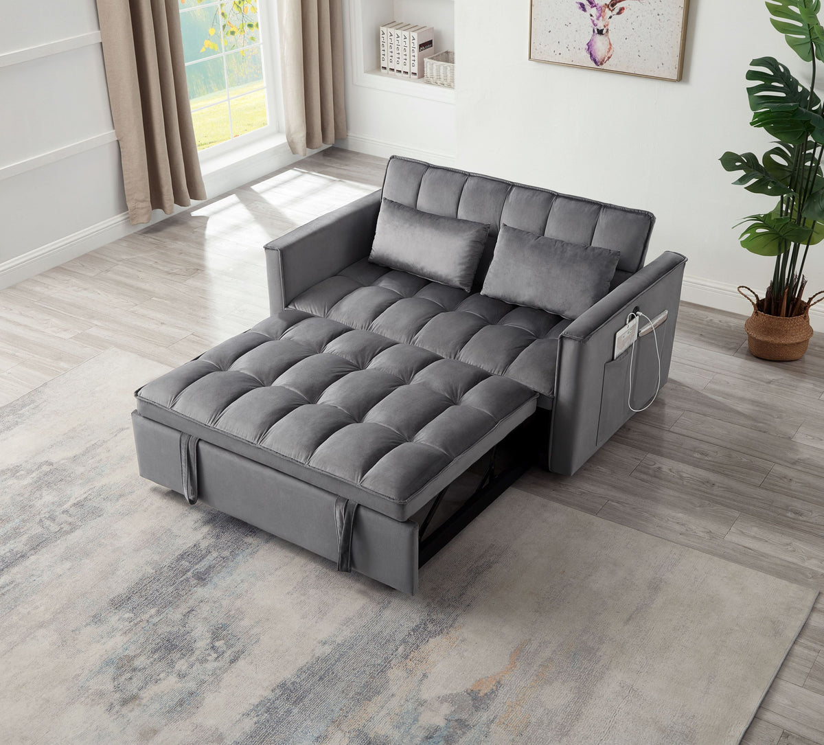 [SantaChoice] Sleeper Sofa Bed w/USB Port, 3-in-1 adjustable sleeper with pull-out bed, 2 lumbar pillows and side pocket, soft velvet convertible sleeper sofa bed, suitable for living room bedroom