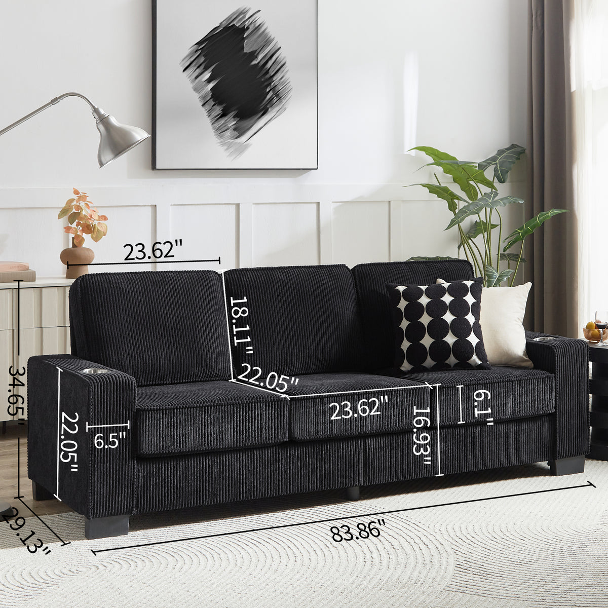 [SantaChoice] 83.86"Corduroy Fabric sofa,Modern Compressed Couch,3-Seater Sofa, Furniture for Living Room,Bedroom,office ,Black