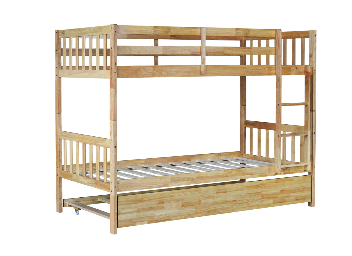 Twin Over Twin Rubber Wood Bunk Bed with Trundle, Convertible into 2 Twin Size Beds, Twin Size Bunk Bed with Ladder and Safety Guardrails,Natural