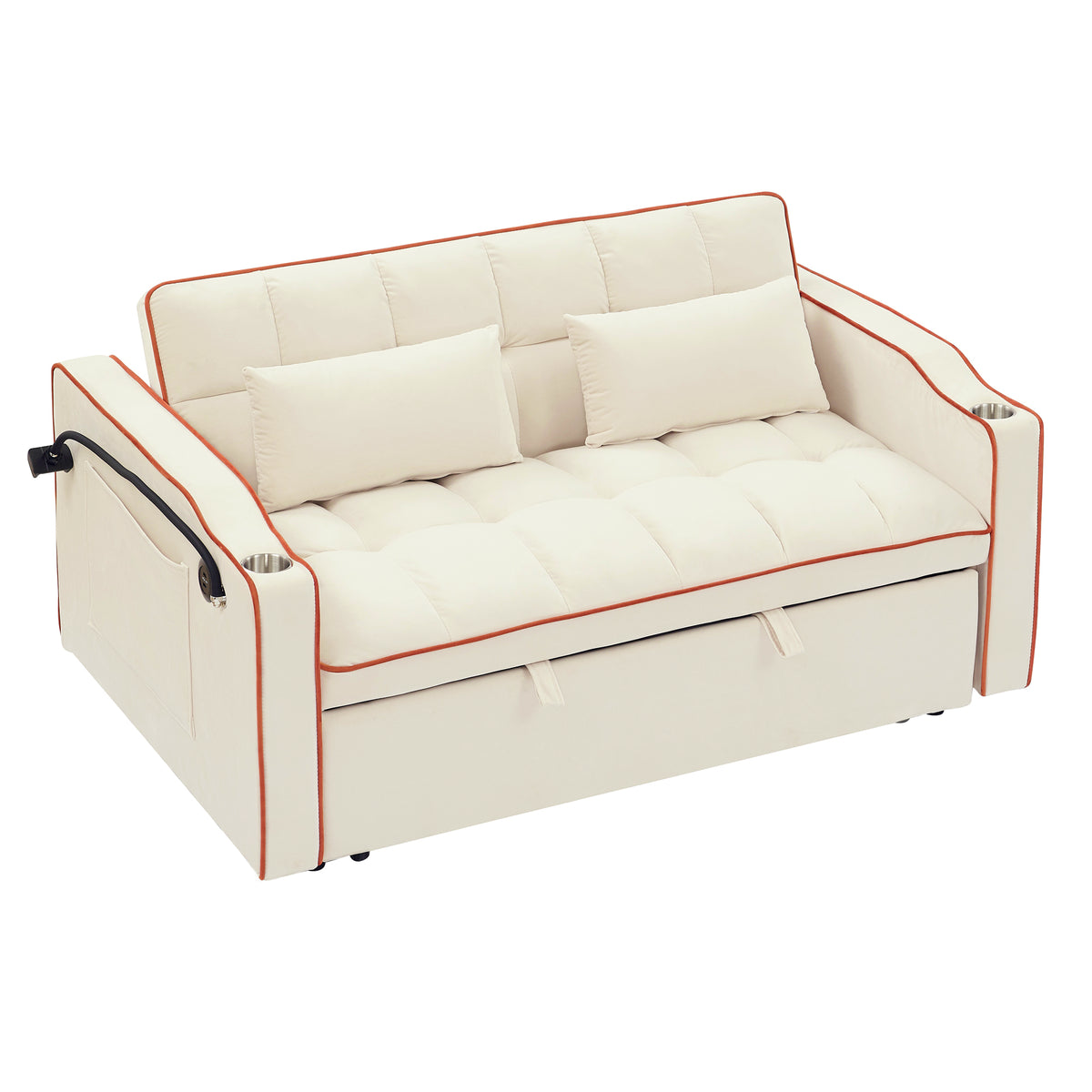 [SantaChoice] 55.51 inch versatile foldable sofa bed in 3 lengths, modern sofa sofa sofa velvet pull-out bed, adjustable back and with USB port and ashtray and swivel phone stand (Beige)