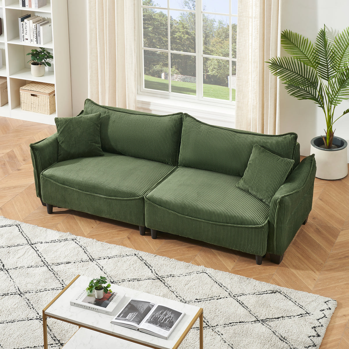 [SantaChoice] Sofa Showcasing Green Corduroy Fabric, Transformable into Sofa Bed with Two Throw Pillows: Ideal for Living Rooms & Diverse Scenes