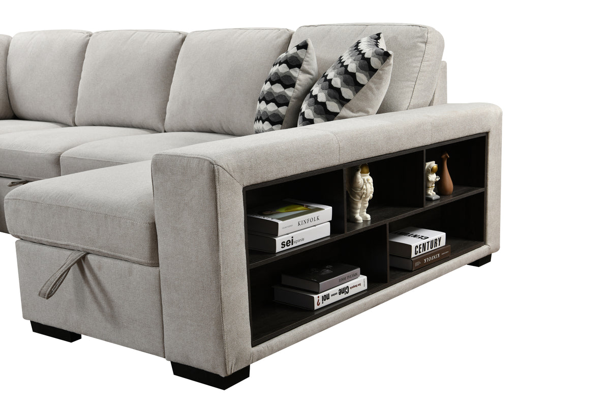 [SantaChoice] 125'' Modern U Shaped 7 Seat Sectional Sofa Couch with Cabinet,Sofa Bed with Storage Chaise-Pull Out Couch Bed for Living Room,Beige