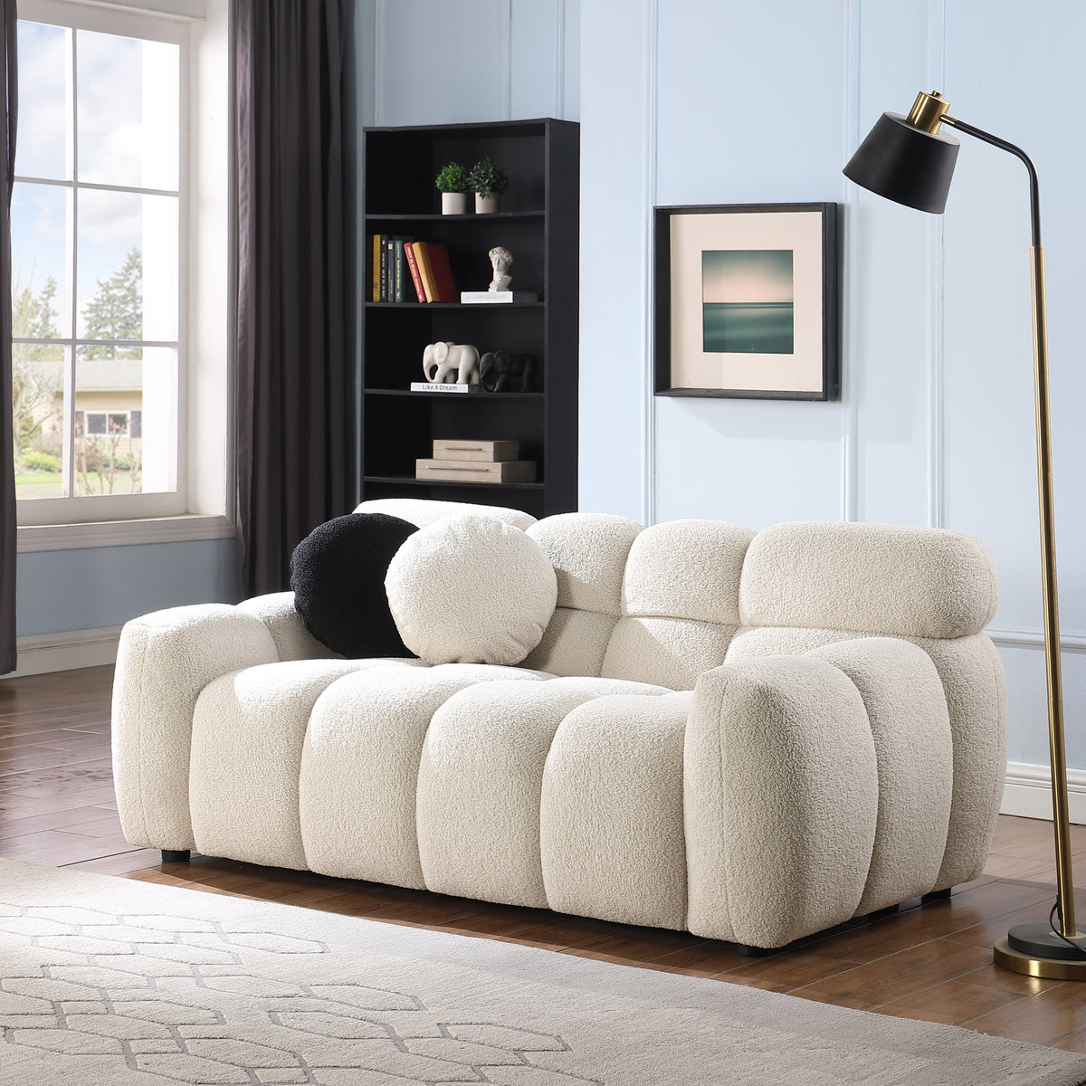 [SantaChoice] 64.96 length ,35.83" deepth ,human body structure for USA people,  marshmallow sofa,boucle sofa ,2  seater, BEIGE  BOUCLE