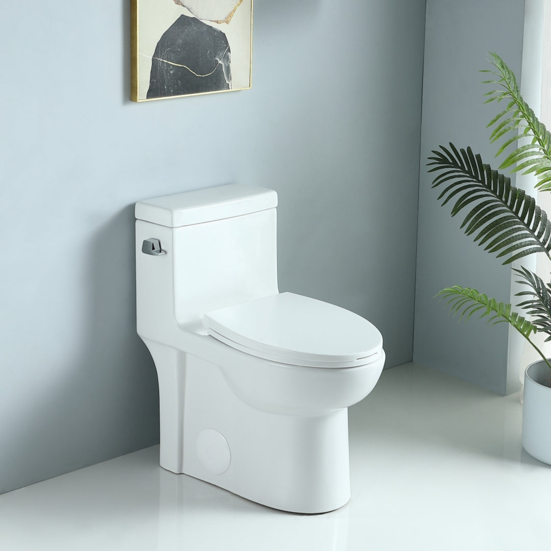 1.28 GPF One Piece Toilet Single Flush , Water-Saving Elongated Comfort Height Floor Mounted, Soft Closing Seat, 1000 Gram Map Flushing Score Toilet, Gloss White 23T03-GW