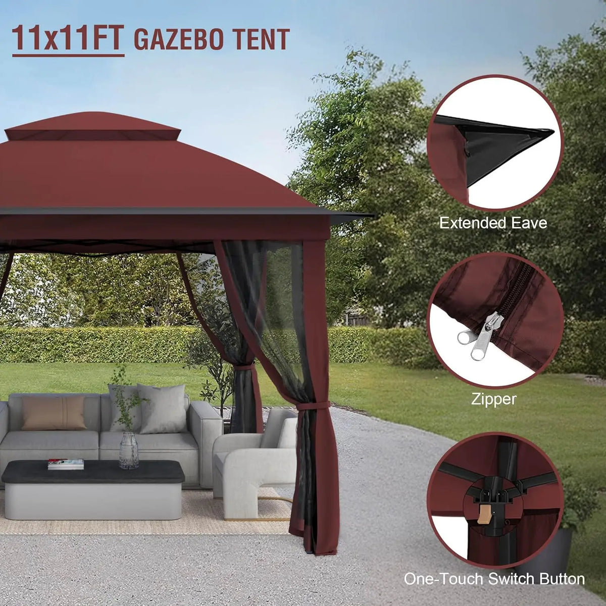 11x11 Pop Up Gazebo Outdoor Instant Canopy Shelter Tent w/Mosquito Netting Metal Frame Storage Bag for Patio Garden Backyard,Red