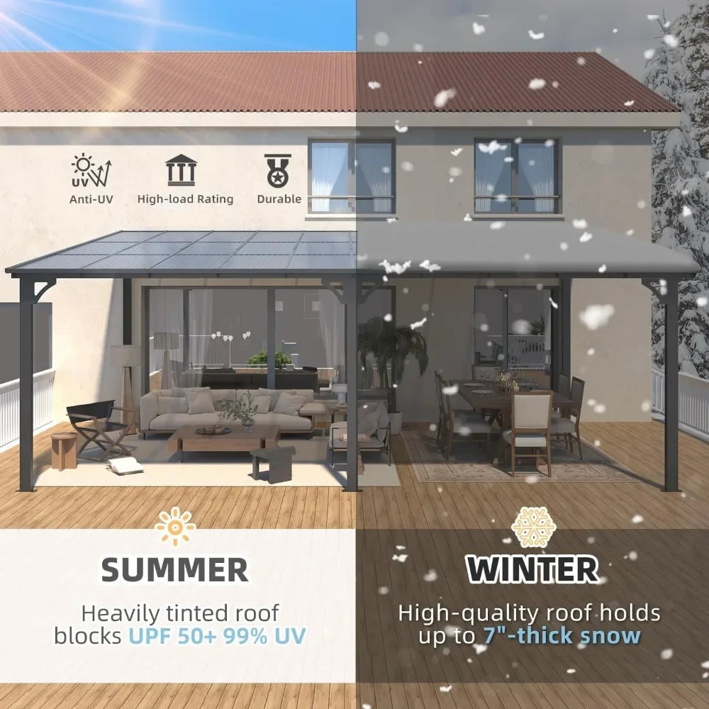 20' x 12' Gazebo for Patio, Large Wall-Mounted Hard Top Lean-to Gazebo Pergola with Roof 12' x 20', Heavy Duty Patio Awnings