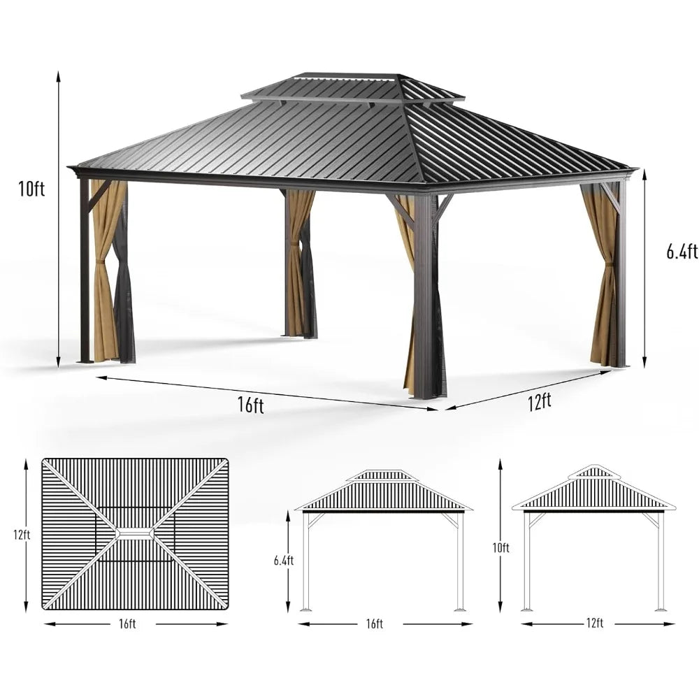 Hardtop Gazebo 12' x 16' with Mosquito Net and Privacy Sidewalls, Aluminum Gazebo with Galvanized Steel Double Roof ,Gazebos
