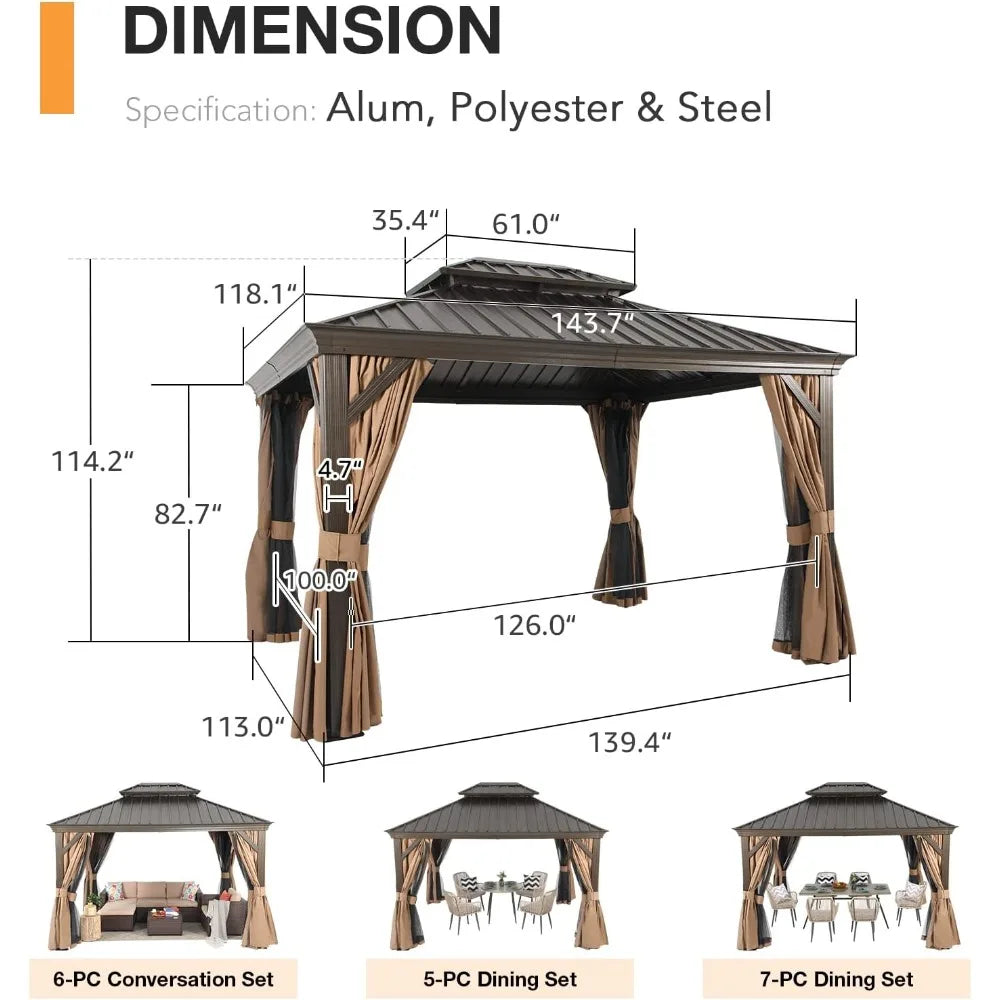 10’ x 12’ Hardtop Gazebo, Outdoor Aluminum Gazebo with Galvanized Steel Double Vented Roof Canopy, W/Shaded Curtains and Netting