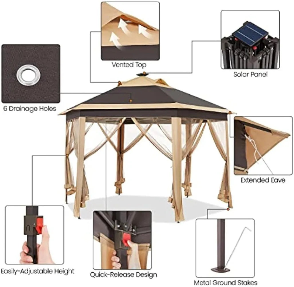 13×13 Pop-Up Patio Gazebo Tent W/Mesh Netting Sides & 25 Solar LED Lights, Hexagonal Double Vented 3 Height Adjustable