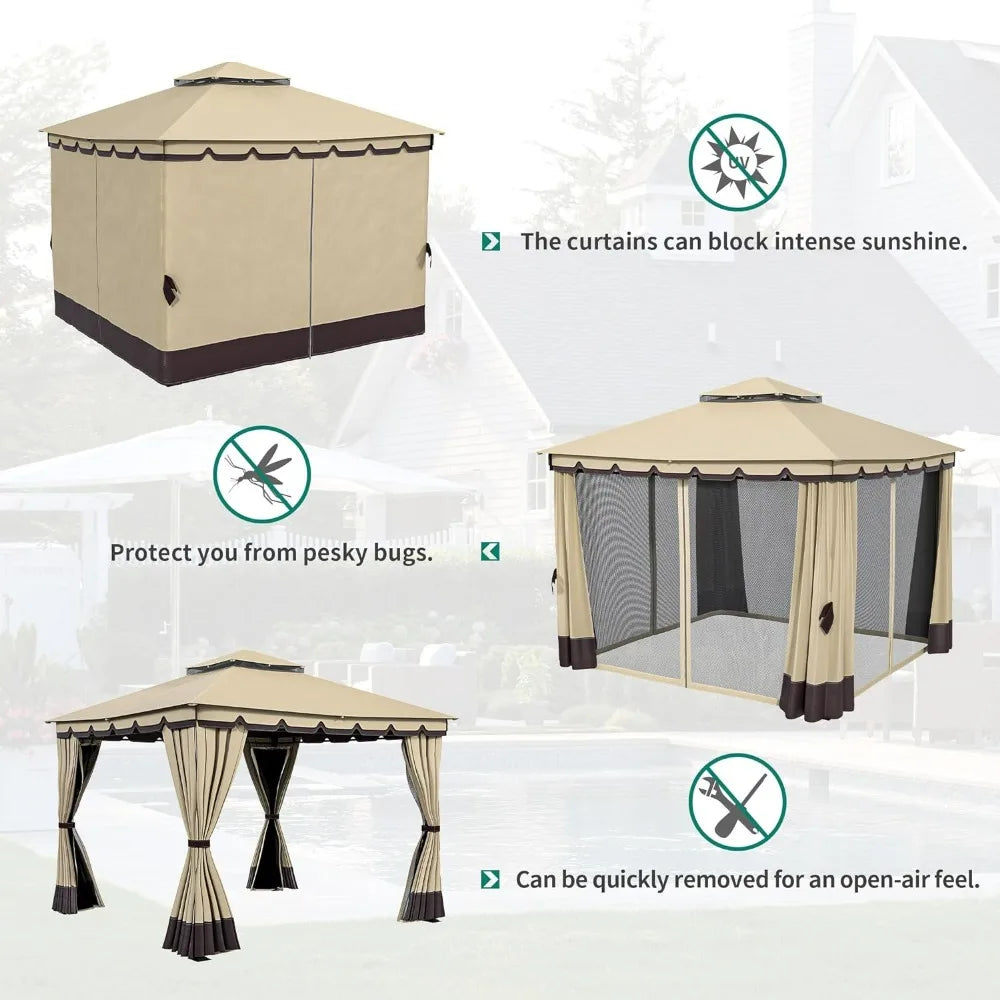 Patio Gazebo,Netting & Curtains, Soft Fabric Top Garden Winds Tent with Steel Frame, Outdoor Double Roof Canopy 10x10ft Gazebo