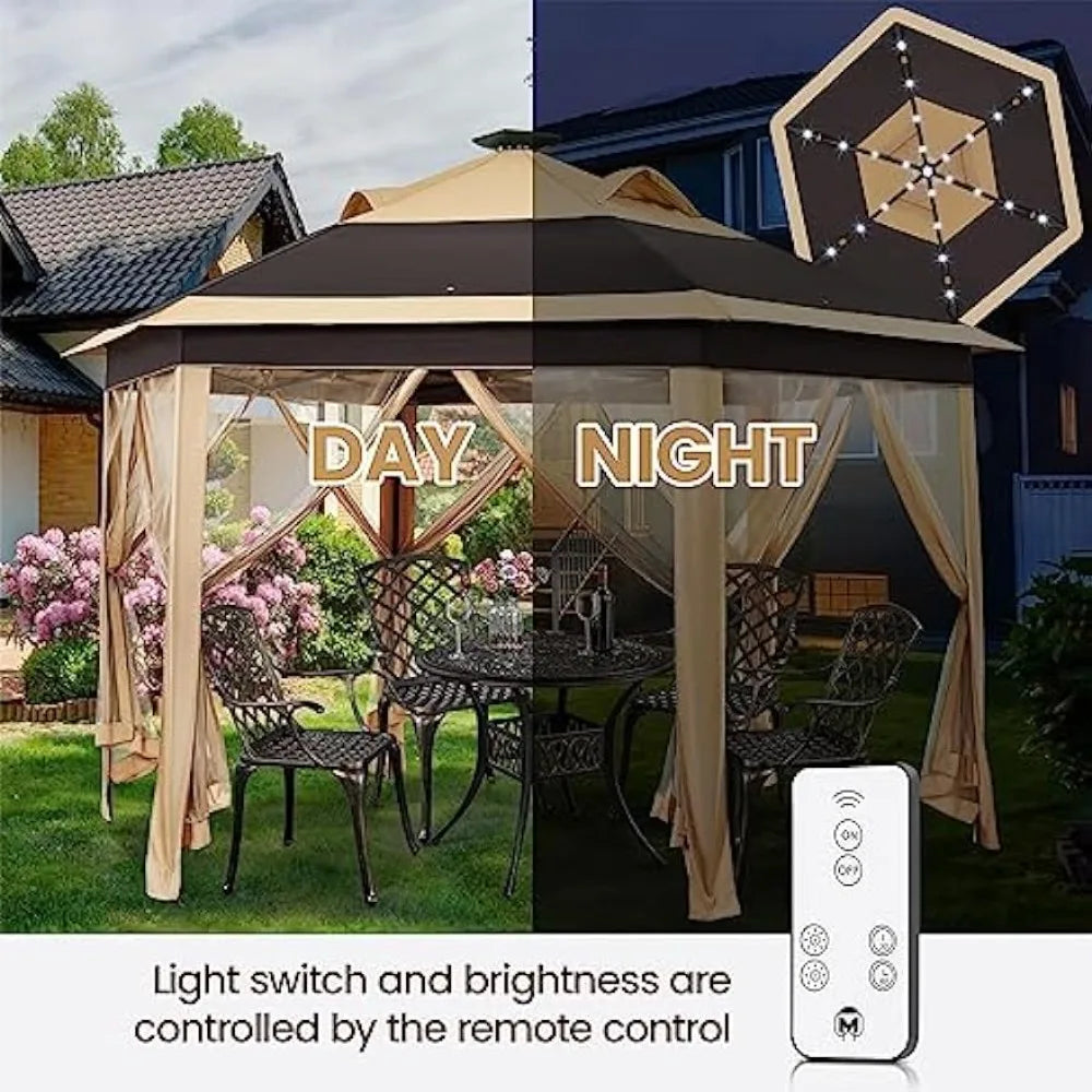 13×13 Pop-Up Patio Gazebo Tent W/Mesh Netting Sides & 25 Solar LED Lights, Hexagonal Double Vented 3 Height Adjustable