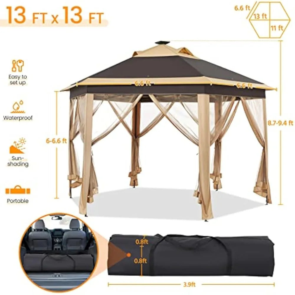 13×13 Pop-Up Patio Gazebo Tent W/Mesh Netting Sides & 25 Solar LED Lights, Hexagonal Double Vented 3 Height Adjustable