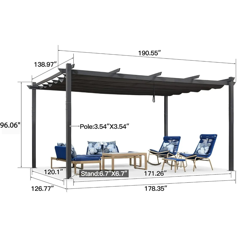 12'X16'Outdoor Pergola with Retractable Canopy Aluminum Shelter Porch Garden Beach Sun Shade Pavilion Grape Trellis Grill Gazebo