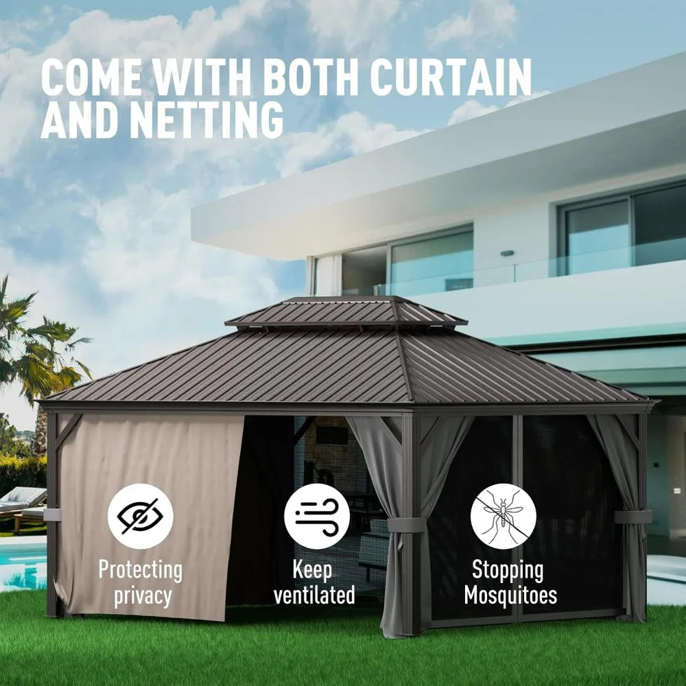 Hardtop Gazebo 12' x 16' with Mosquito Net and Privacy Sidewalls, Aluminum Gazebo with Galvanized Steel Double Roof ,Gazebos