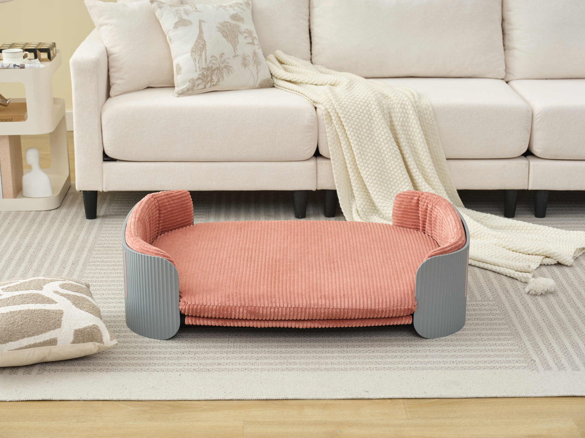 Scandinavian style Cat Couch Bed, Pet Sofa for Indoor Cats PP Indoor Pet Furniture Elevated Cat Beds with Removable Mattress Cover Suitable for Mid or Large  Animal Brand Design Grey+Pink