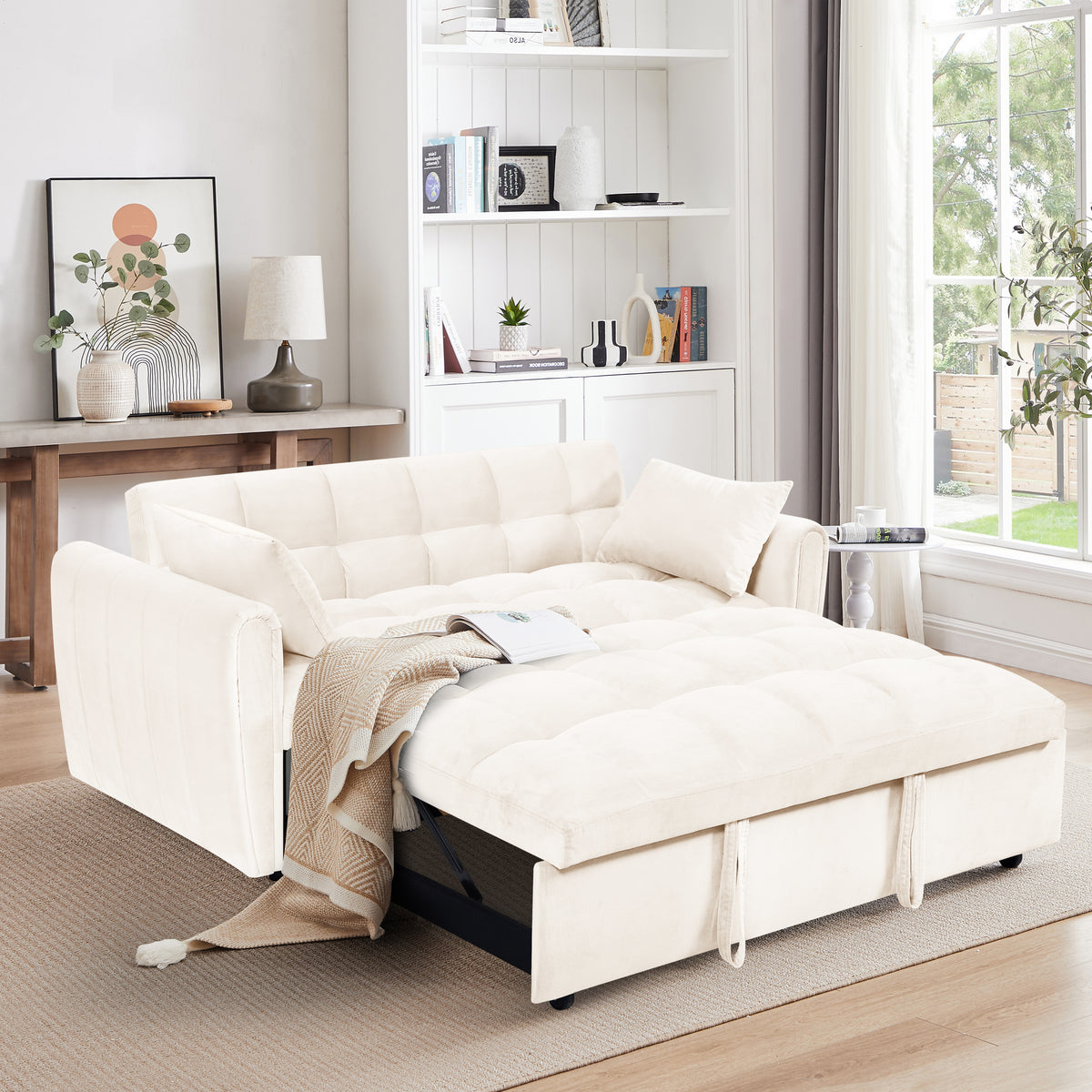 [SantaChoice] 64.9"3-in-1 foldable large size sofa bed, modern velvet double sofa, sofa bed with adjustable back, storage bag and pillow, suitable for living room, bedroom (beige)