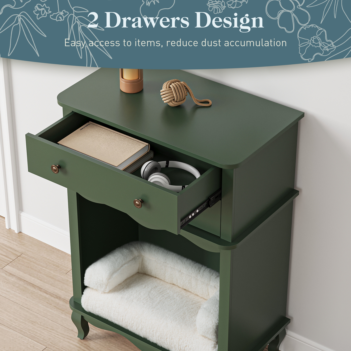 Pet Storage Cabinet with Wall Mounted Cabinet, 2 Drawers and Semi-Open Space, Hidden Cat Litter Box, Multi-Functional End Table-Green