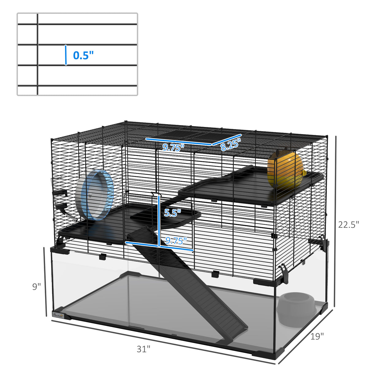 PawHut Hamster Cage, 31" Gerbil Cage with Glass Basin, Ramps, Platforms, Hut, Exercise Wheel, for Small Hamsters, Black
