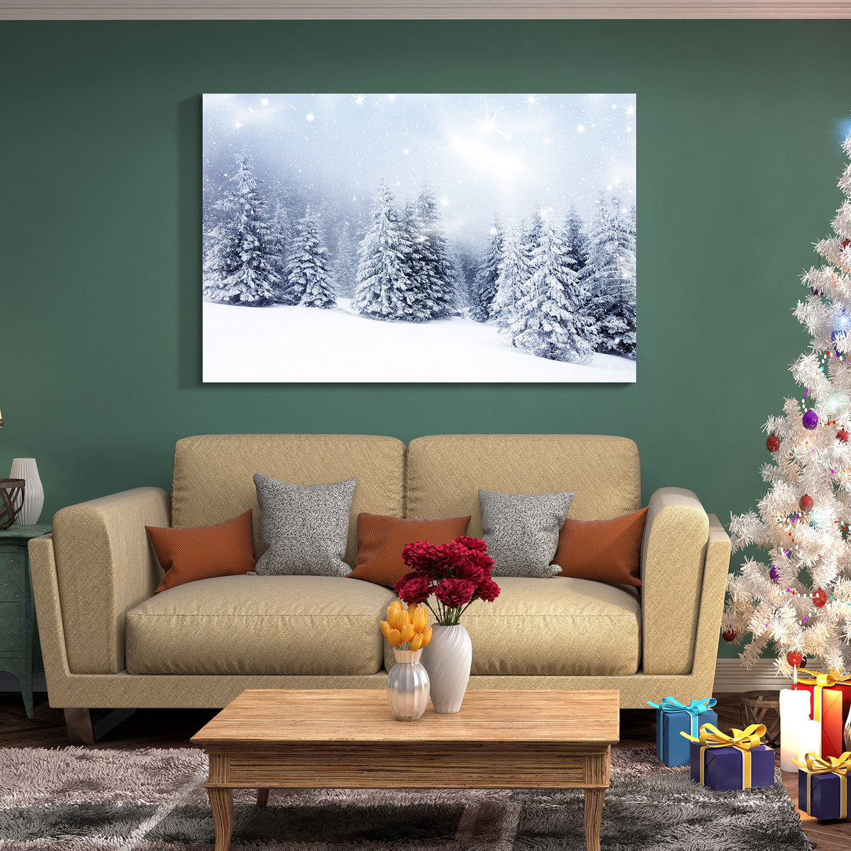 Framed Canvas Wall Art Decor Painting For Chrismas, Winter Pine Forest Chrismas Gift Painting For Chrismas Gift, Decoration For Chrismas Eve  Living Room, Bedroom Decor-3624in-Thickness 1.5inch