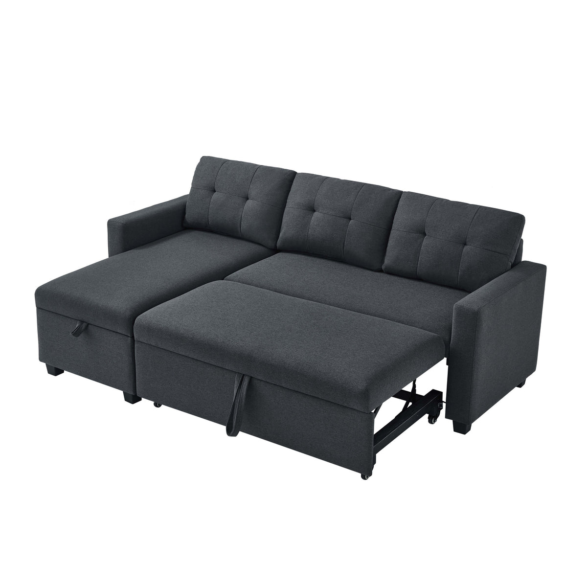 [SantaChoice] Upholstered Pull Out Sectional Sofa with Storage Chaise, Convertible Corner Couch, Dark Grey