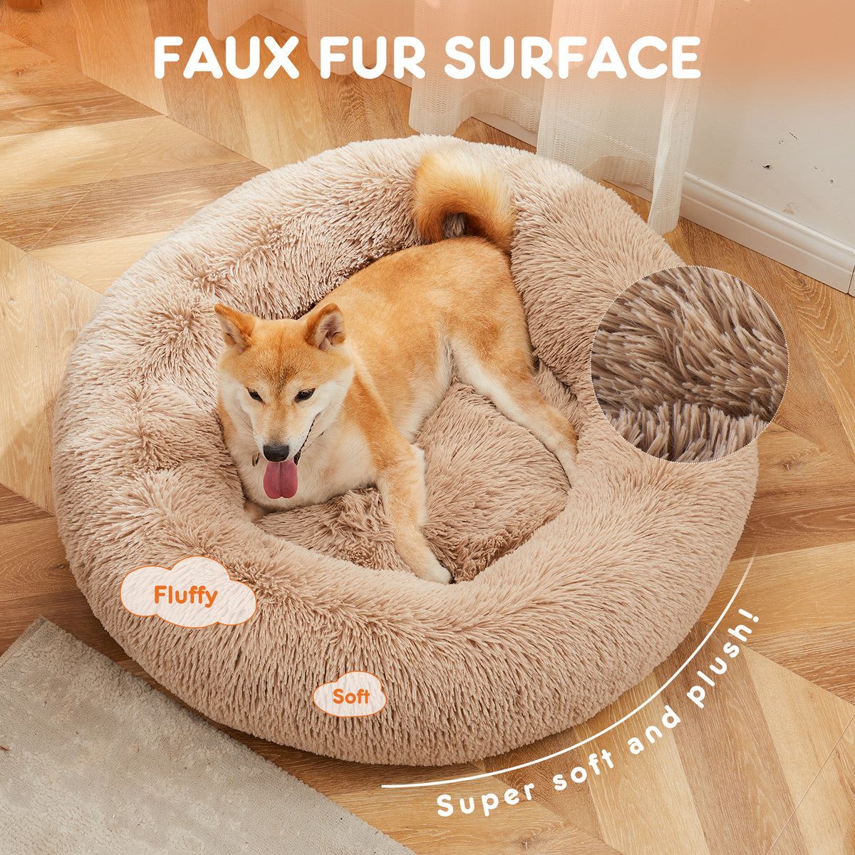 Anti-Slip Round Fluffy Plush Faux Fur Cat Bed, medium  Brown