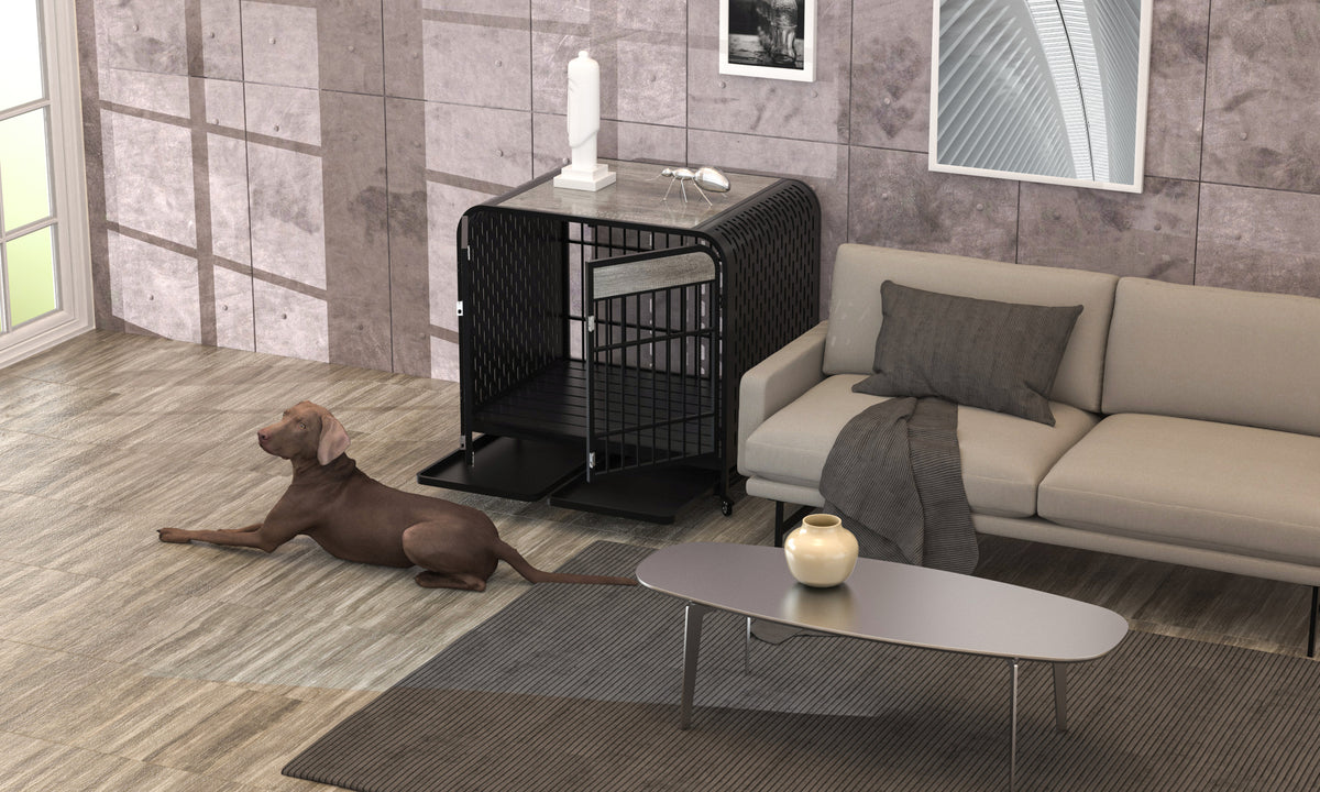 Heavy Duty Dog Crate Furniture Wooden Table Pet Dog Cage Kennel House Indoor Side End Table Decor with Removable Trays and Lockable Wheels for Medium and Large Dogs 42" Grey