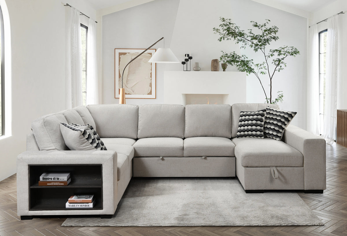 [SantaChoice] 125'' Modern U Shaped 7 Seat Sectional Sofa Couch with Cabinet,Sofa Bed with Storage Chaise-Pull Out Couch Bed for Living Room,Beige