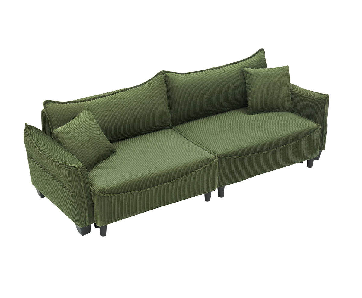 [SantaChoice] Sofa Showcasing Green Corduroy Fabric, Transformable into Sofa Bed with Two Throw Pillows: Ideal for Living Rooms & Diverse Scenes