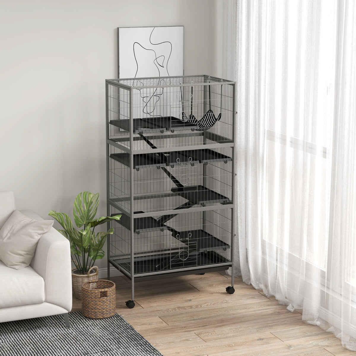 PawHut 63" 6-Tier Small Animal Cage, Ferret Cage, Large Chinchilla Cage with Hammock Accessory & Heavy-Duty Steel Wire, Small Animal Habitat with 6 Doors, Removable Tray, Gray