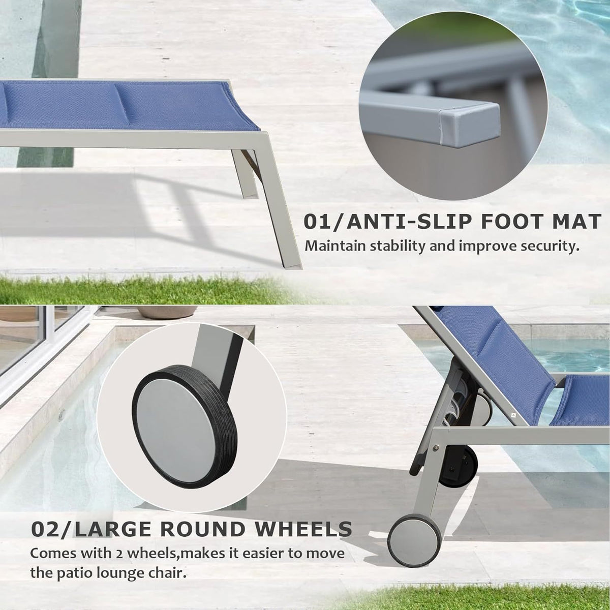 [SantaChoice] Outdoor Patio Chaise Lounge Set of 3, Aluminum Pool Lounge Chairs with Side Table and Wheels, Textilene Padded Adjustable Recliner All Weather for Poolside, Beach, Yard, Balcony (Navy Blue)
