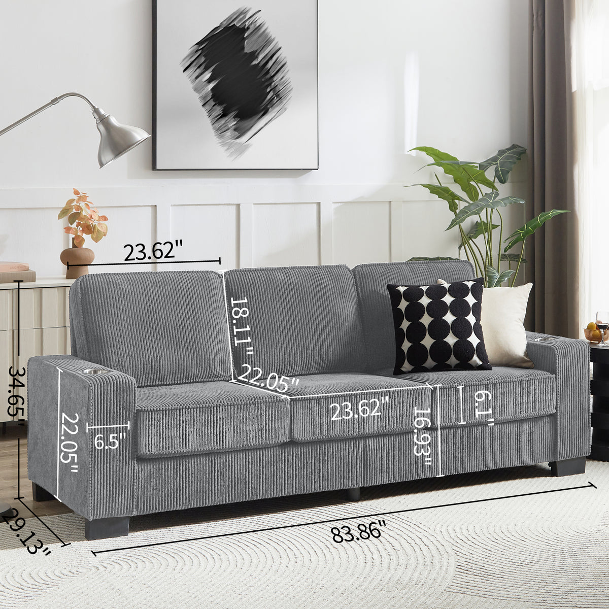 [SantaChoice] 83.86" Corduroy Fabric sofa,Modern Compressed Couch,3-Seater Sofa, Furniture for Living Room,Bedroom,office ,Gray