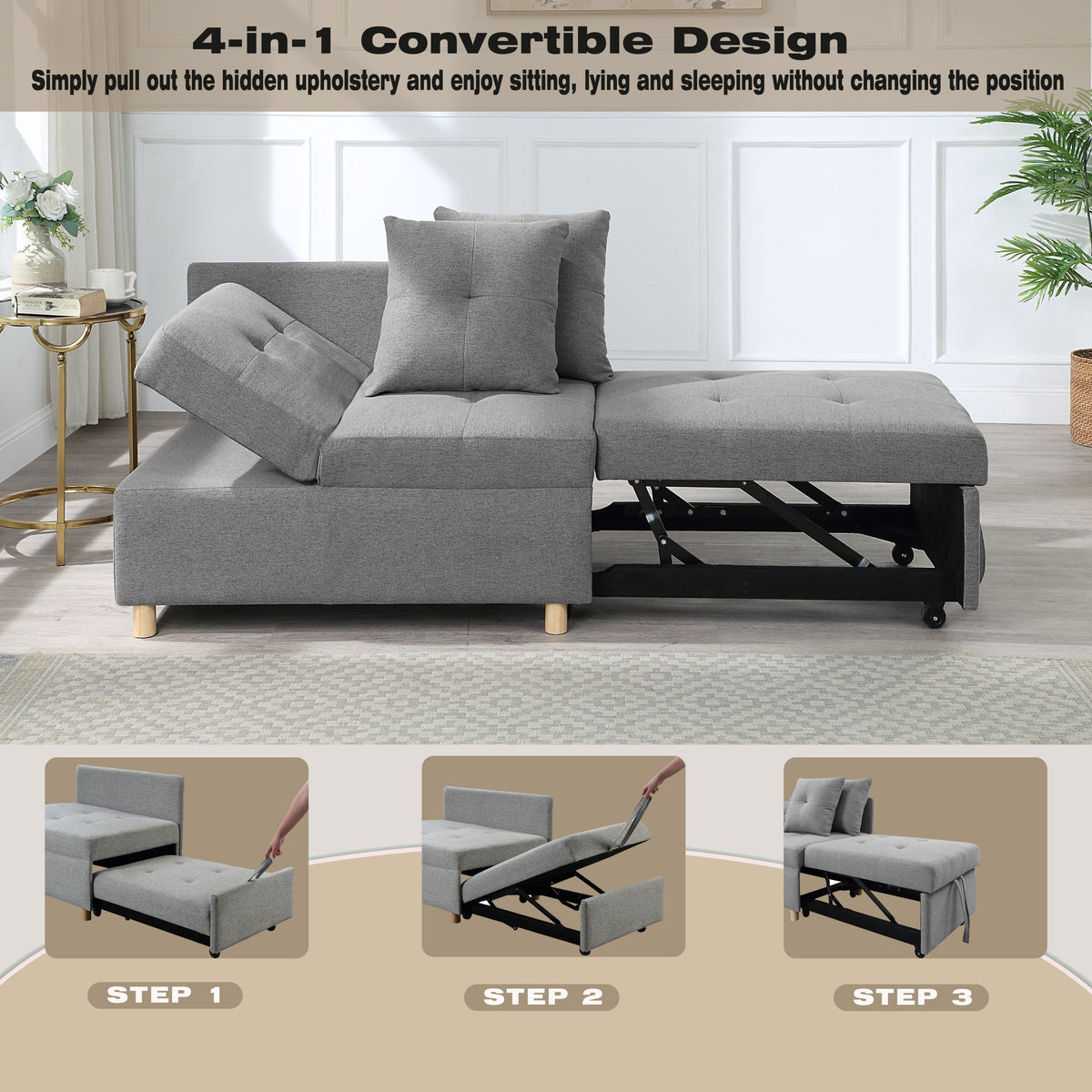 [SantaChoice] 4-in-1 Convertible Sofas & Couches, Single Extendable Sofa with 6 Position Adjustable Back, Sofa Bed with 2 Pillows, Gray